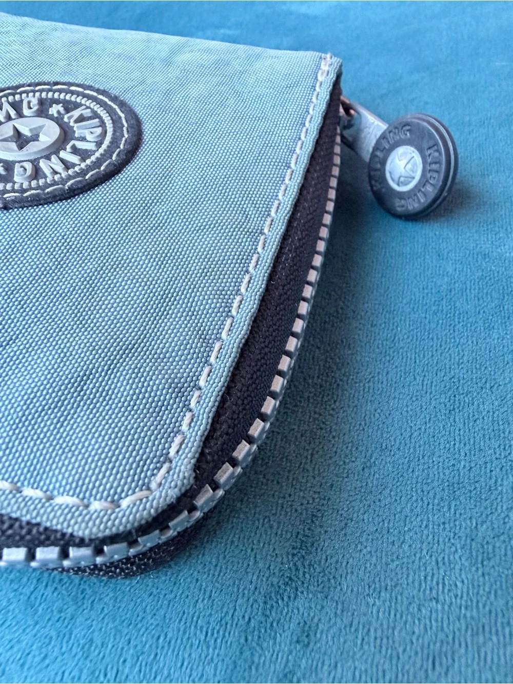 Kipling Light Blue Canvas Zip Wallet with Logo Patch